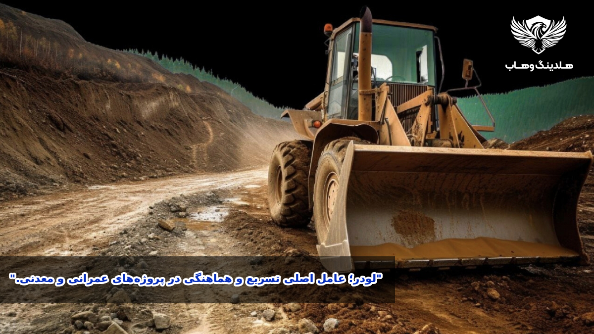 لودر در حال جابجایی مصالح در یک پروژه راه‌سازی، ابزار اصلی برای تسریع پیشرفت پروژه‌های عمرانی و معدنی.
